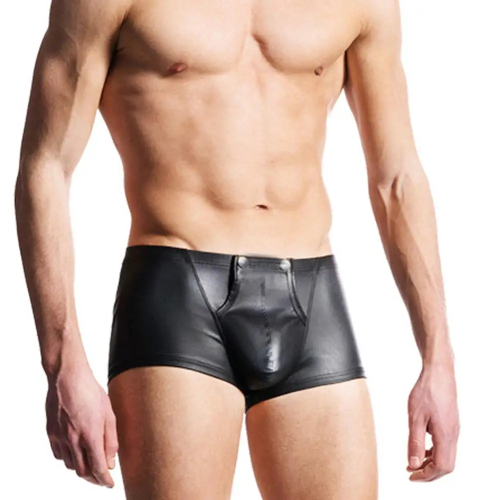 Sexy Open Bulge Pouch Men\\\'s Boxers Underwear Faux Leather Shorts Underpants