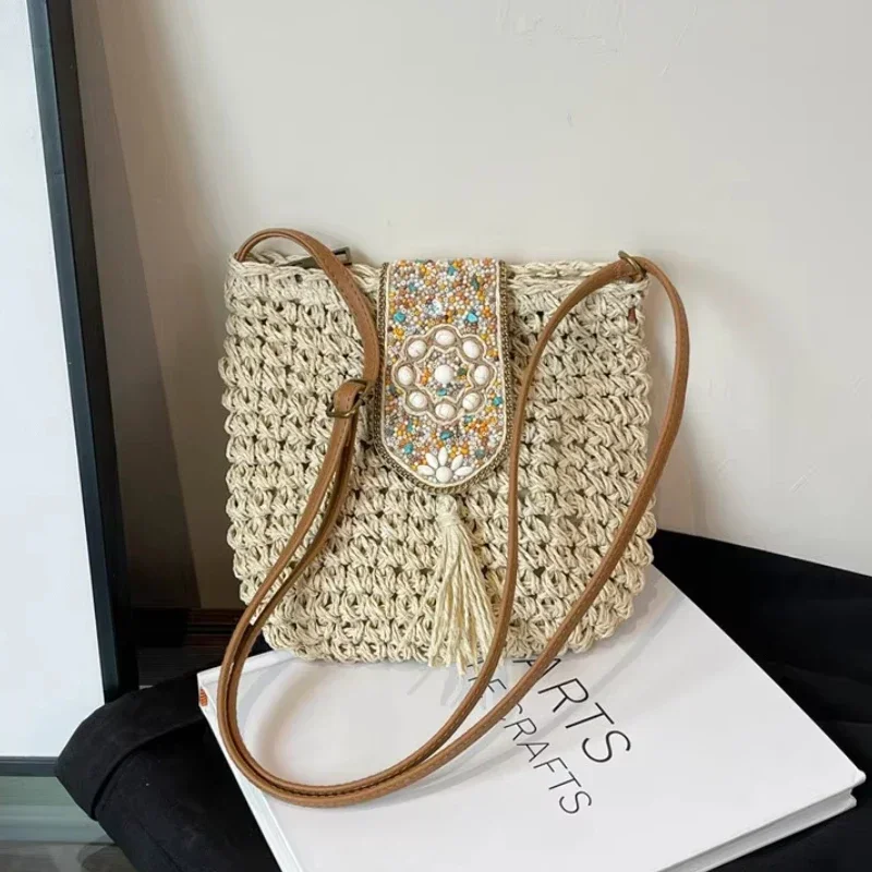 

Retro National Style Straw Woven Square Women's Shoulder Bags 2025 Hot Sale Casual Tassel Beaded Grace Design Crossbody Bags