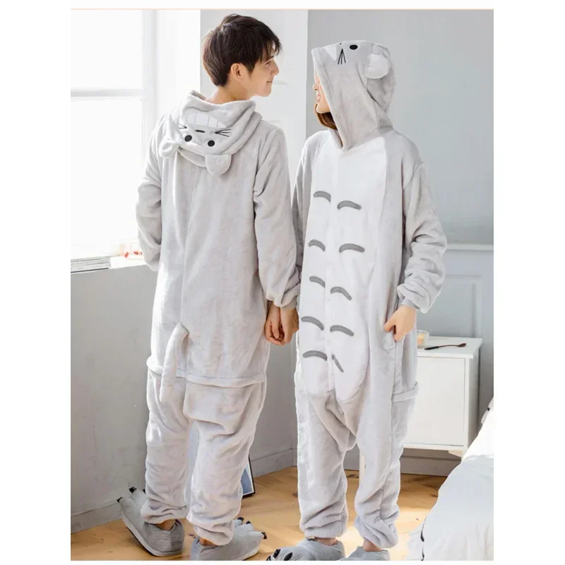 Adults Totoro Onesies Pajamas Set Cartoon Animal Winter Fleece Onesies Women Men Hooded Sleepwear Halloween Costume Homewear