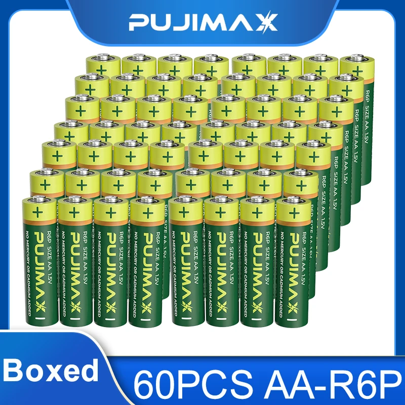 PUJIMAX 60PCS/Boxed 1.5V Carbon Zinc Battery Pack R6P AA Disposable Battery For Flash Wireless Mouse Keyboard Walkman Durable