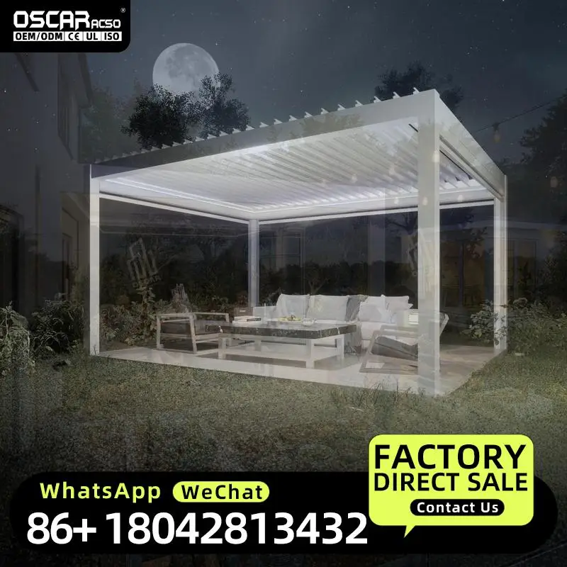 2024 Automatic Bioclimatic Outdoor Gazebo with Remote Control Rainproof  Made of Pressure Treated Wood for Garden Patio Backyard