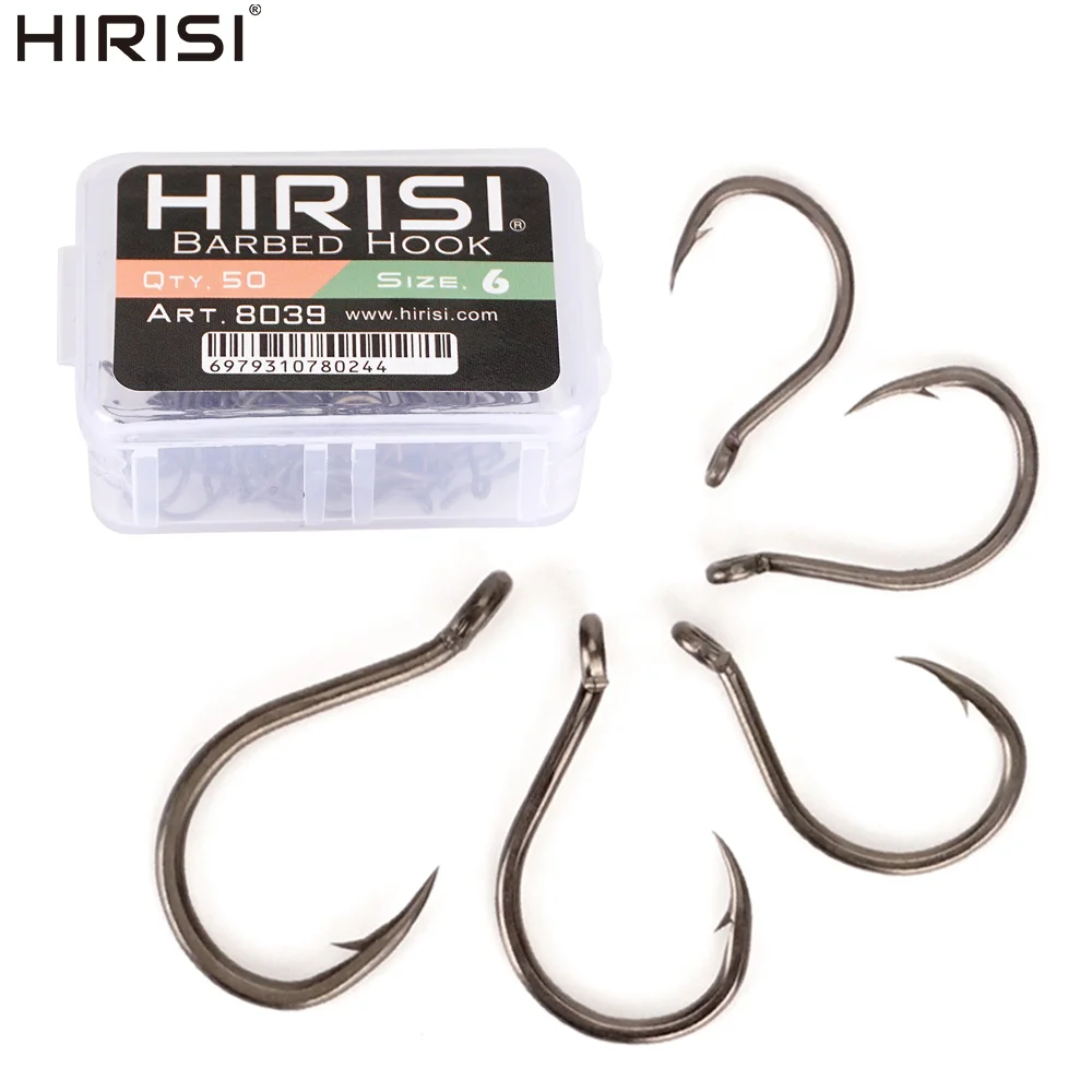 Hirisi 8039 50/100 Stück Hochkarbon-Stahl PTFE-beschichtete Scharfe Widerhaken-Karpfenangelhaken mit Öse, Verbindbare Box