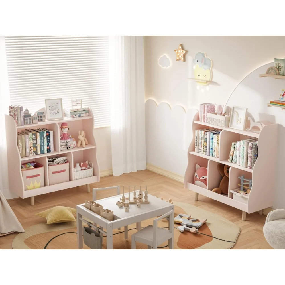 رف كتب خشبي منحني للأطفال مكون من 3 طبقات ومنظم ألعاب مع 5 مكعبات تخزين