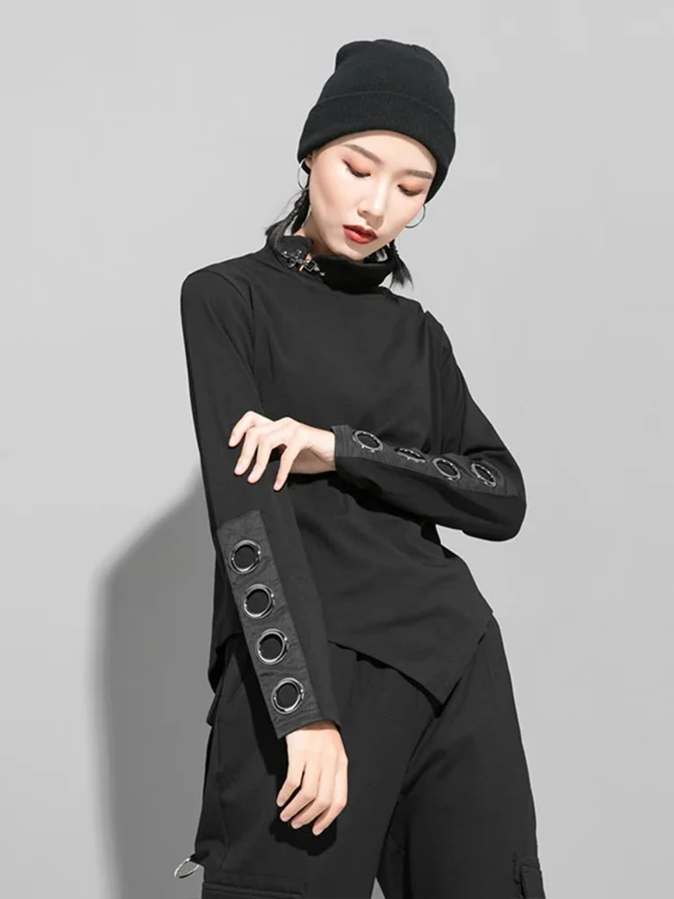 Amax LuluE 2025 Spring Fashion British Womens Punk Loose Tee Shirts Ladies Casual Black Tops Turtleneck Design Luxury Clothing