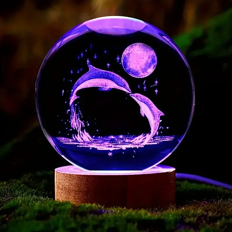 E5 3D Dolphin Moon Crystal Ball Light Birthday Gift Lamp to Wife Friend 3D Marine Animal Indoor Statue Lamp Bedroom Decoration