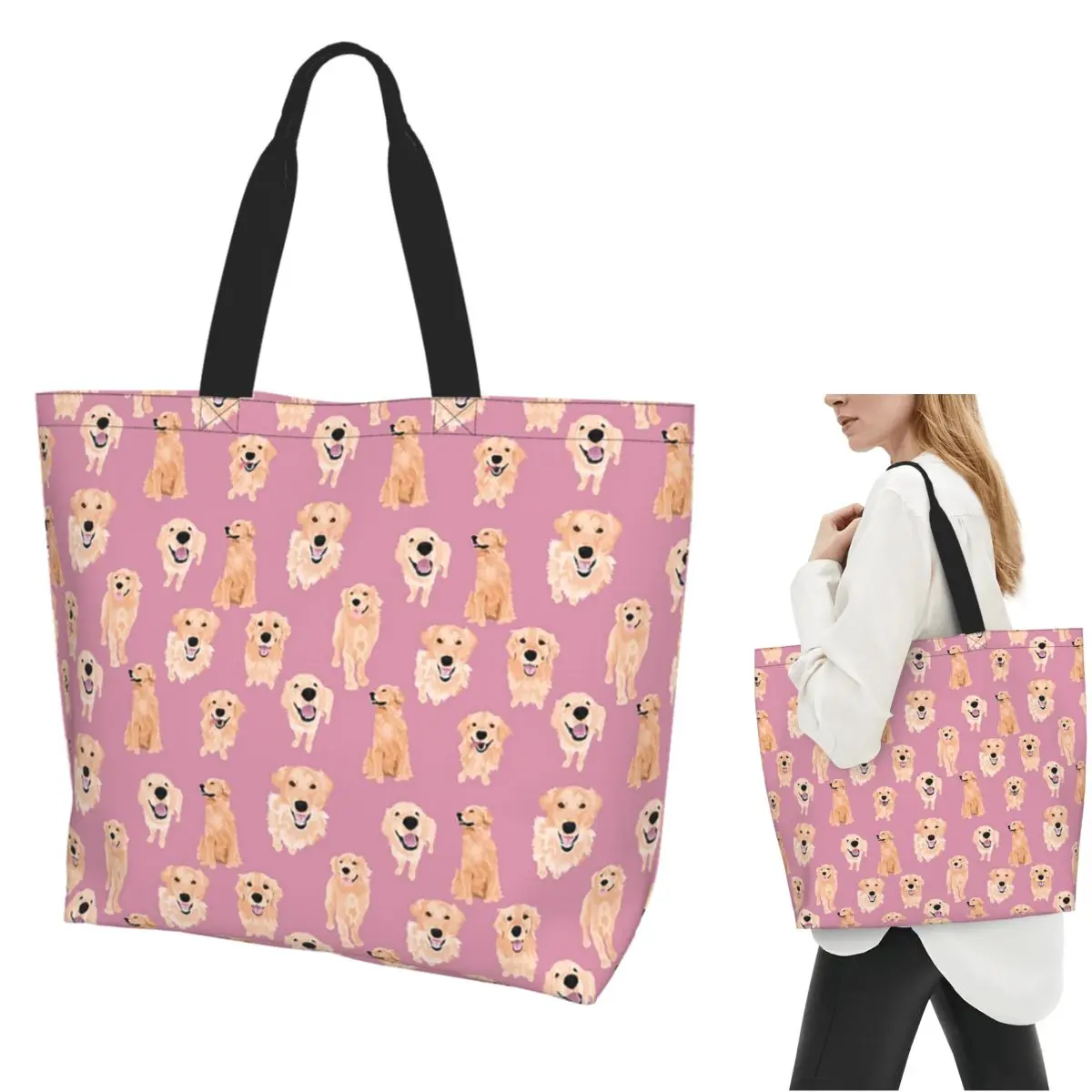 

Золотистые ретриверы на розовой сумке для покупок, парусиновая сумка на плечо большой вместимости, продуктовая сумка для покупок для женщин