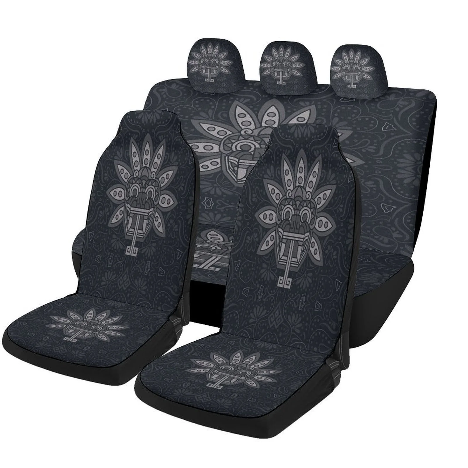 Aztec Mask Pattern Car Seat Cover Set - Trendy High-Quality Polyester Full Set For 2 Front & Rear Seats, Universal Fit For Most
