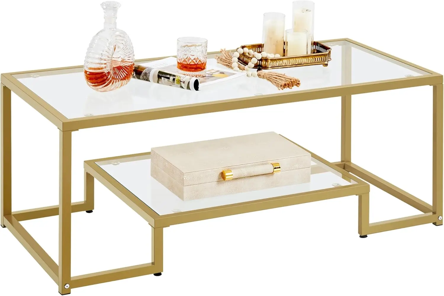 

42" Rectangular Glass Coffee Table with Two-Tier Storage, Metal Frame Living Room Center Table for Small Spaces, Apartments, Offices