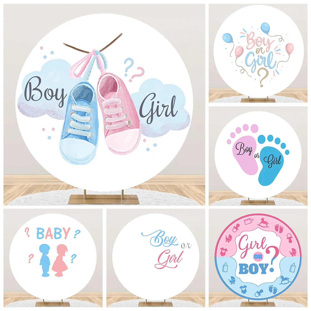 

Boy or Girl Gender Reveal Round Backdrop Cover Little Feet Blue Pink He Or She Newborn Baby Shower Photography Background Decor