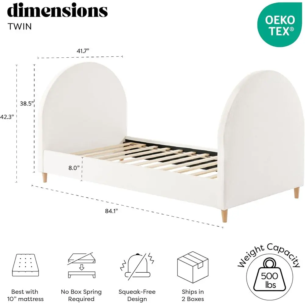 Cream White Fabric Arched Daybed with Twin Platform Bed, Boho-Chic Style, Solid Wood Legs, No Box Spring Needed