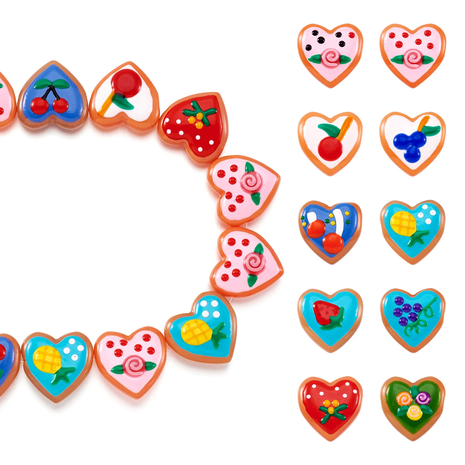 Pandahall 2 Strand Handmade Heart Lampwork Beads Fruit Pattern Spacer Bead for DIY Earring Bracelet Necklace Jewelry Accessories