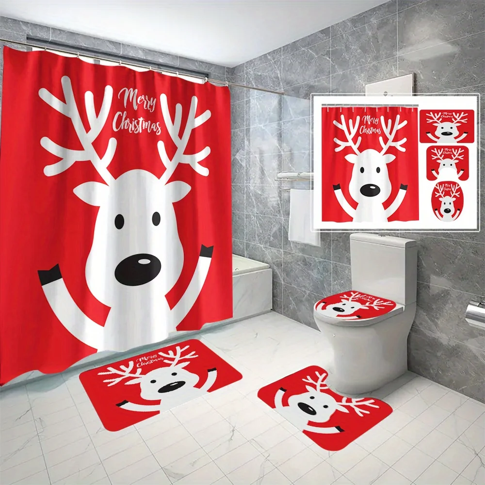 

4pc Cartoon reindeer pattern bathroom set, including shower curtain, U-shaped floor mat, non-slip mat and toilet seat cover.