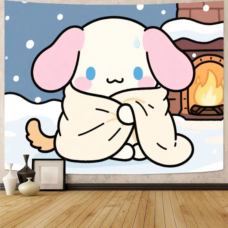 

1PC Sanrio Cinnamoroll Cozy Winter Tapestry, Kawaii Puppy Blanket Fireplace Wall Art, Modern Polyester Bedroom Decor Gift for Gi