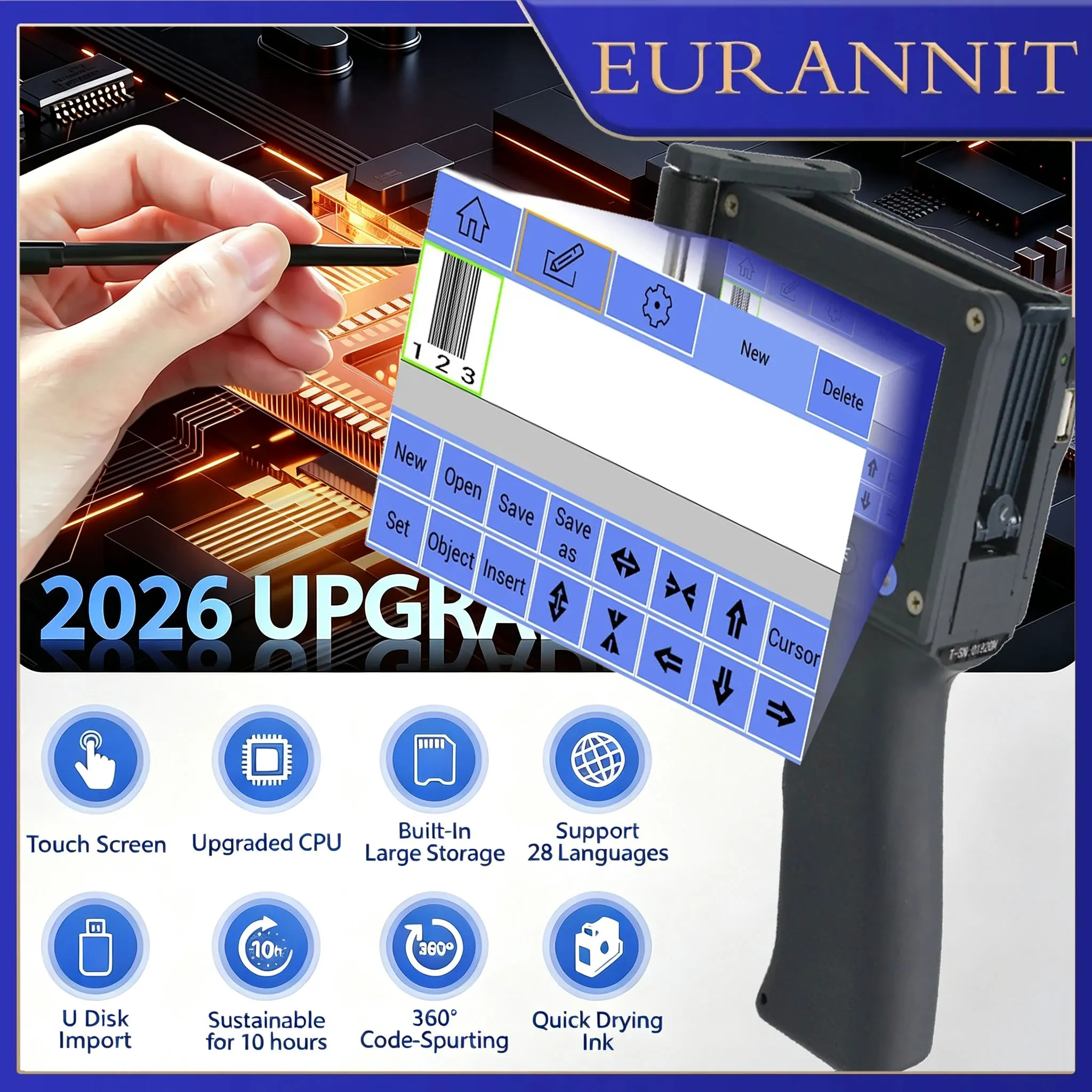 EURANNIT Updated 12.7mm Portable Printer QR Barcode Logo Text Date Label Printer Handheld Thermal Inkjet Printing Machine