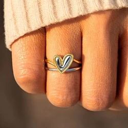 Huitan Metal Two Tone Heart Rings for Women Daily Wear Temperament Sweet Girls Love Rings Korean Fashion Female Jewelry Dropship