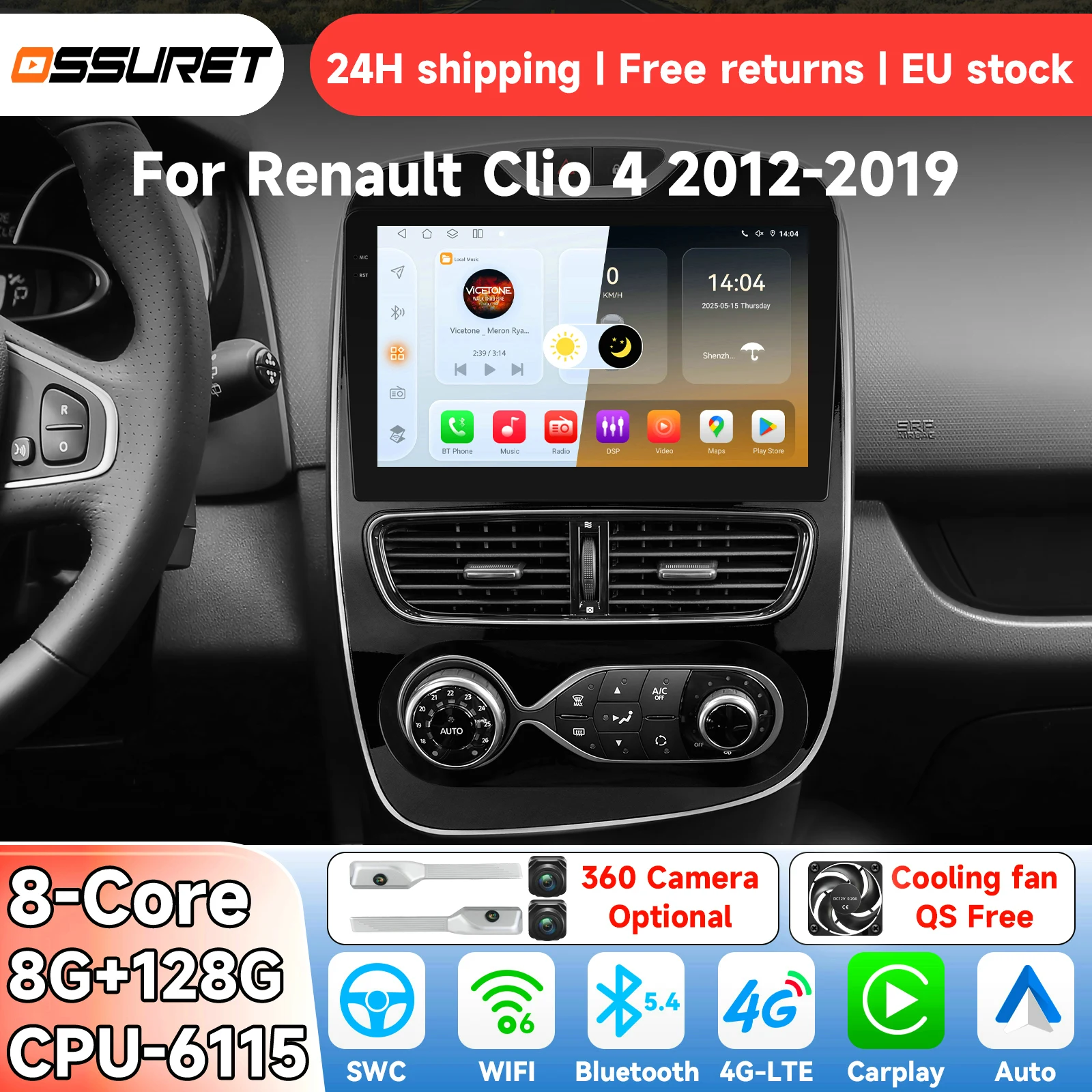 OSSURET Autoradio Android 14 per Renault Clio 4 2012 - 2019 Sistema Intelligente Carplay Lettore Multimediale Video GPS 4G 6115