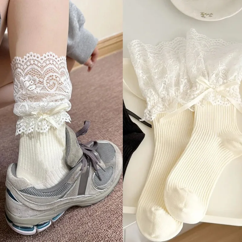 한국 화이트 레이스 트림 양말 달콤한 소녀 패션 귀여운 로리타 Y2K 일본식 양말 단색 중간 길이 리본 보우 여성 양말