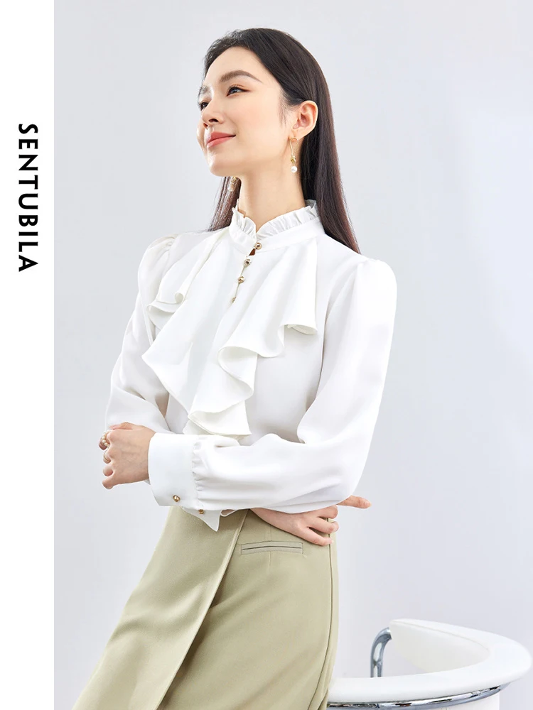 SENTUBILA Ruffles Chiffon White Shirts Women 2024 Spring Autumn Elegant Ruffled Collar Long Sleeve Tops Female Clothes 141V53022