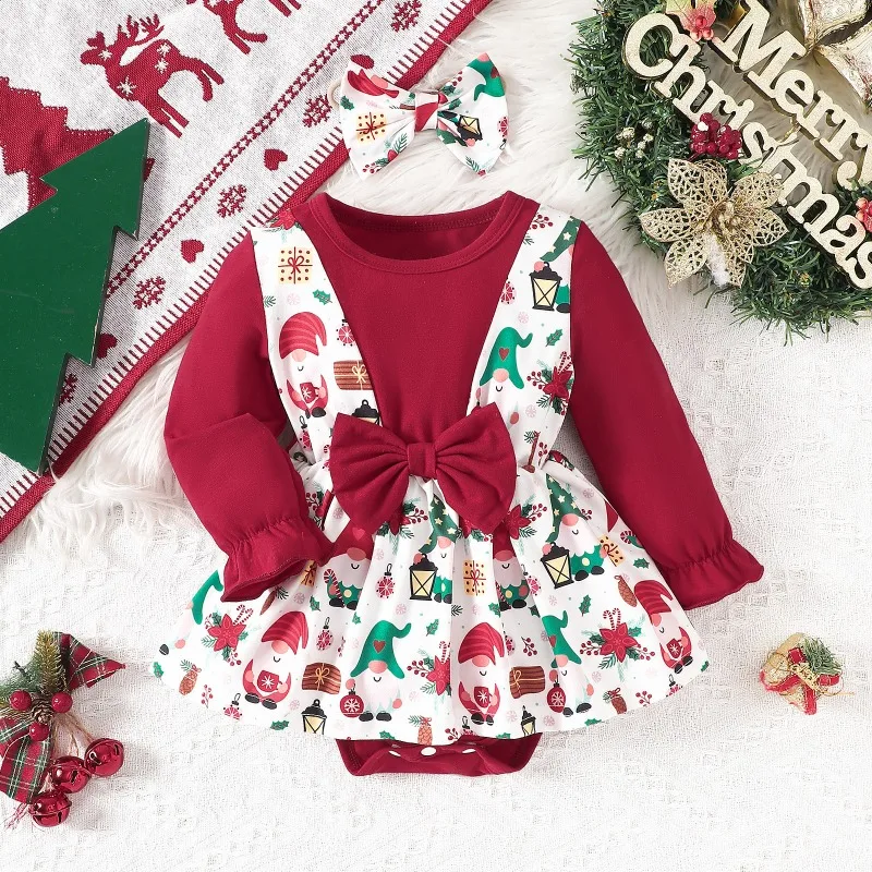 Newborn Infant Toddler Baby Girls Christmas Bodysuit Romper Ruffled Top White Elf Santa Print Suspender Tutu Skirt Big Bow 0 24M