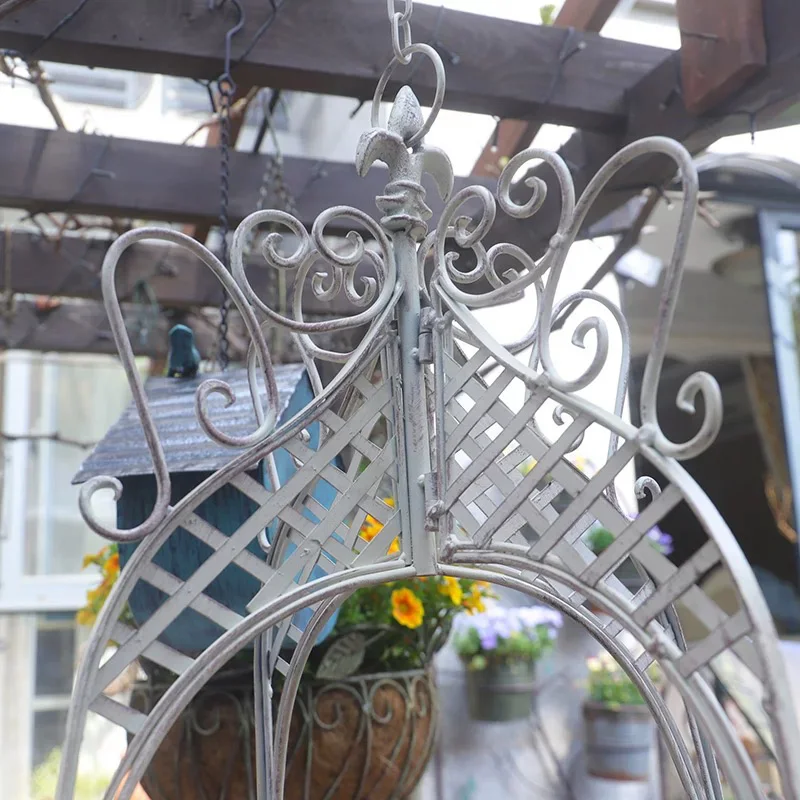 Vintage Metal Hanging Planter Basket, 12x30 inches, Decorative Iron Garden Basket with Chain, White and Green