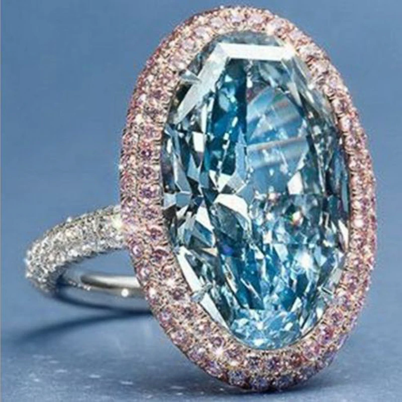Huitan Hyperbole Oval Sky Blue Cubic Zirconia Rings Paved Pink CZ Gorgeous Women Wedding Ceremony Party Ring New Trendy Jewelry