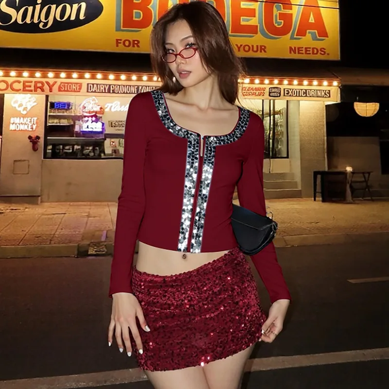 DSMTRC 2025 جديد إمرأة الخريف بلون الترتر سترة الأساسية المحاصيل القمم موضة كم طويل عالية Strecth نحيل السراويل تي شيرت #3