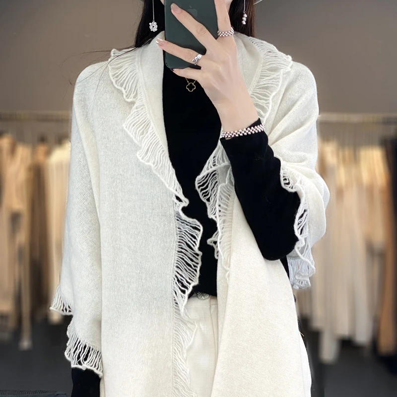 Women\'s Shawl 100% Pure Wool Cape Knitted Sweater With A 2024 Autumn/Winter Fashionable Loose And Versatile Scarf Korean Version