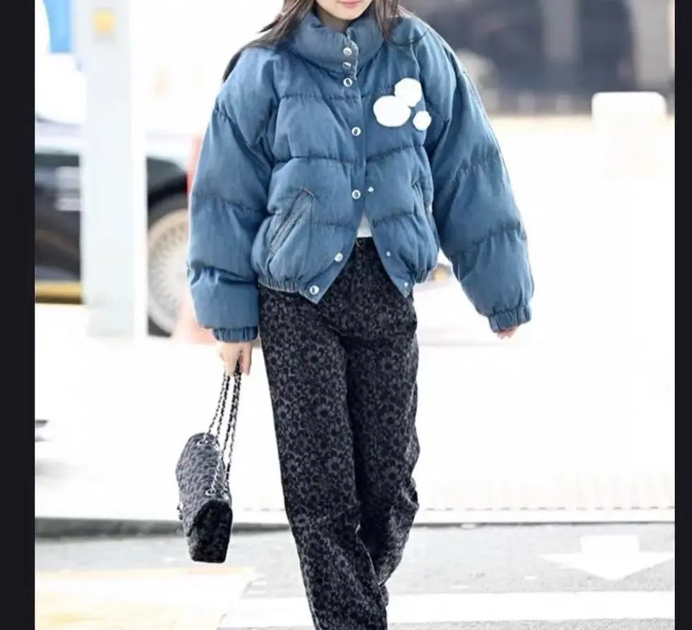 Winter New Retro-style Denim Cotton Coat Ski Suit Short Stand-collar Down Jacket