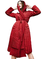 Winter new fashion fluffy Hooded duck down coats jacket female longer warm down coat with belt wq630