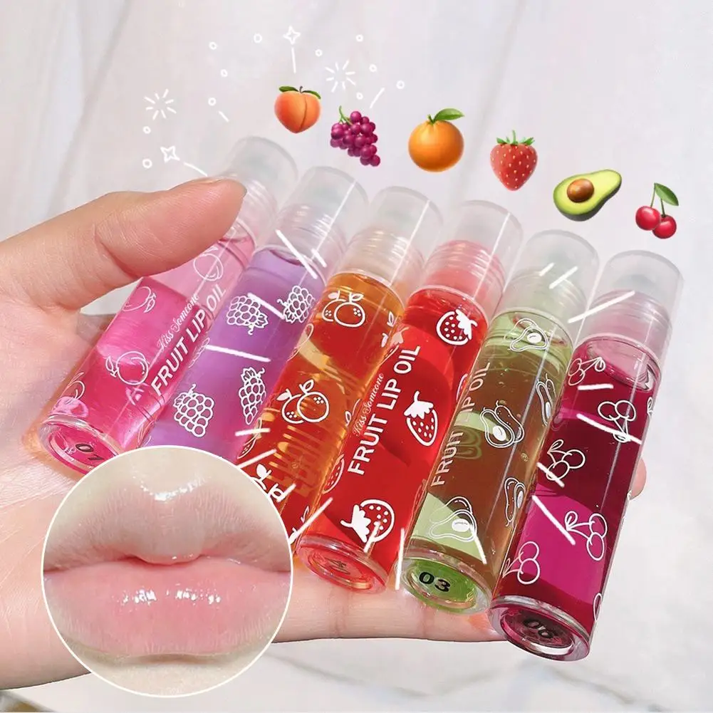 6 Farben Roll-on Fruit Essence Lippenbalsam, Lippenöl, feuchtigkeitsspendender Spiegelgrundierung, Lippenlippenstift, feuchtigkeitsspendend, zufälliger Glanz, transparent
