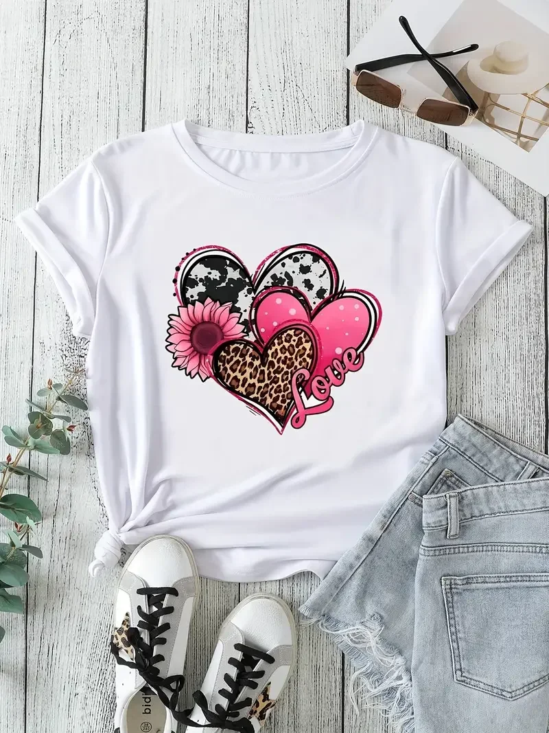 Heart & Sunflower & Letter Print Short Sleeve Casual T-shirt Women's Round Neck Slight Stretch T-shirt