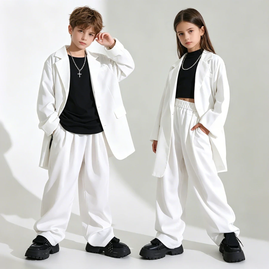 

Unisex Kids White Oversized Blazer Wide Leg Pants Suit Hip Hop Streetwear Boys Girls Stage Performance Casual Child Outfit 4-14Y