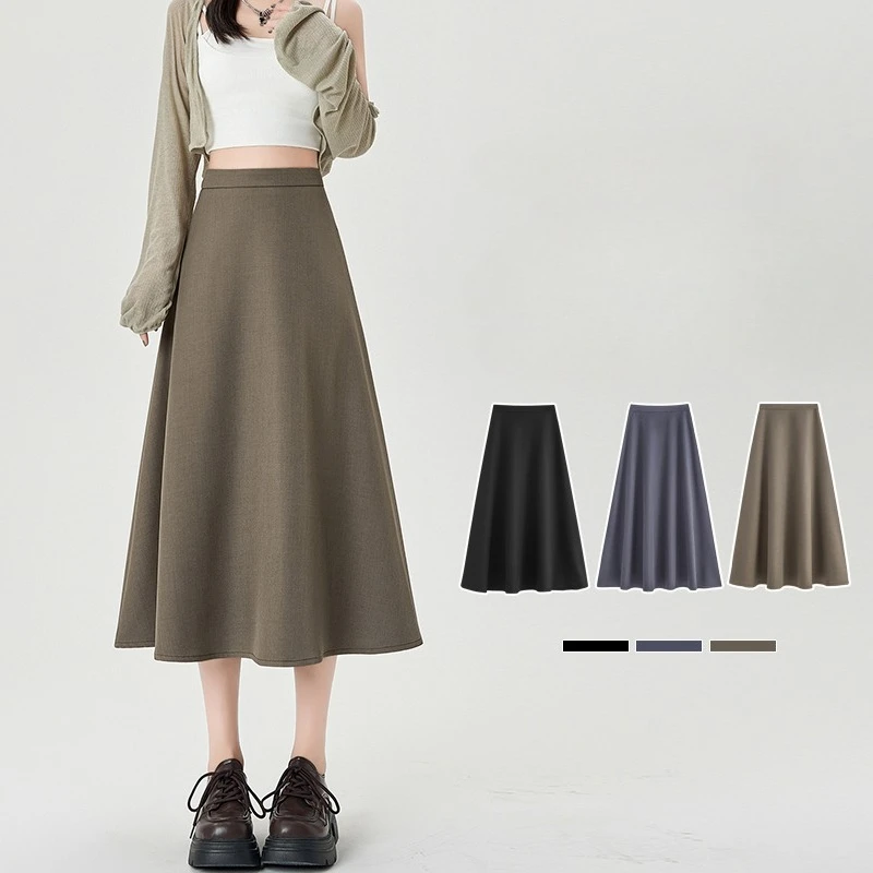 

Осенние элегантные женские юбки-зонтики с высокой талией, новинка 2025, однотонные офисные корейские прямые юбки трапециевидной формы на молнии сзади, женские