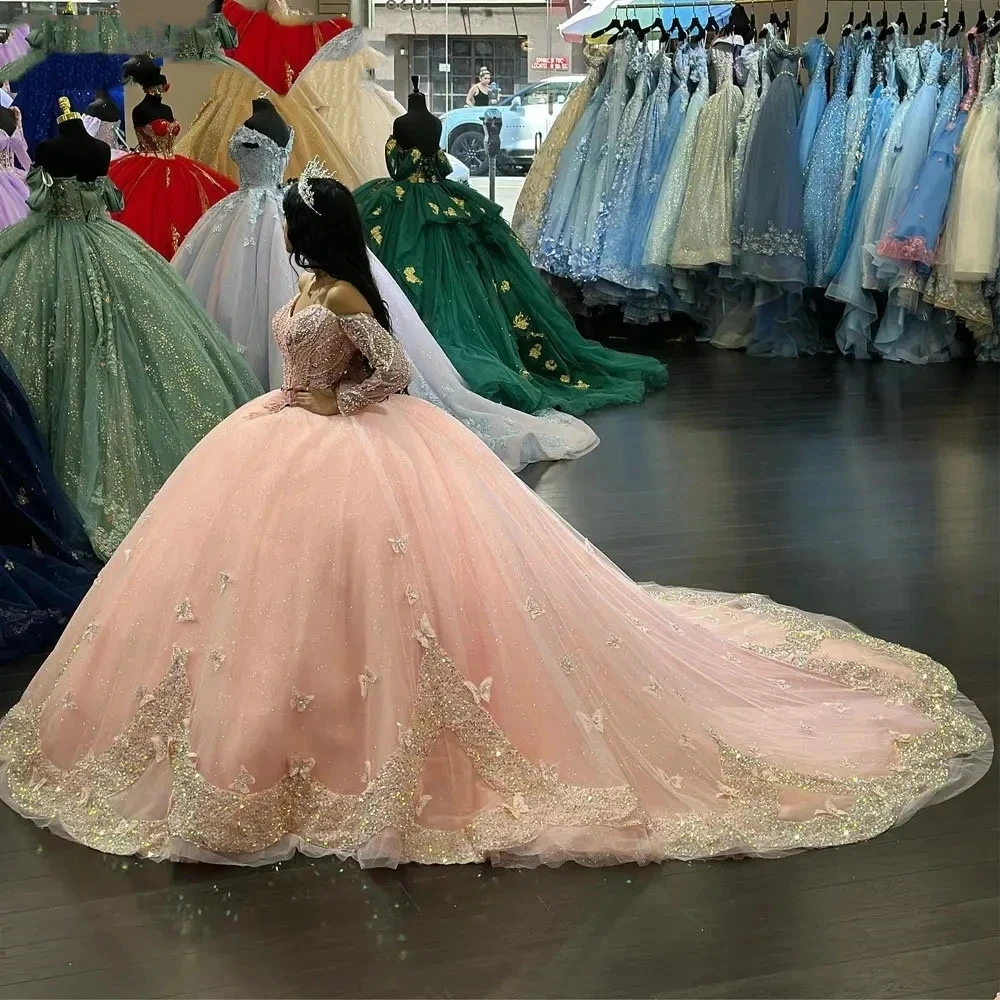 ANGELSBRIDEP Glittering Pink Quinceanera Dresses Off-Shoulder Long Sleeves Butterfly Appliques Princess Birthday Party Vestidos