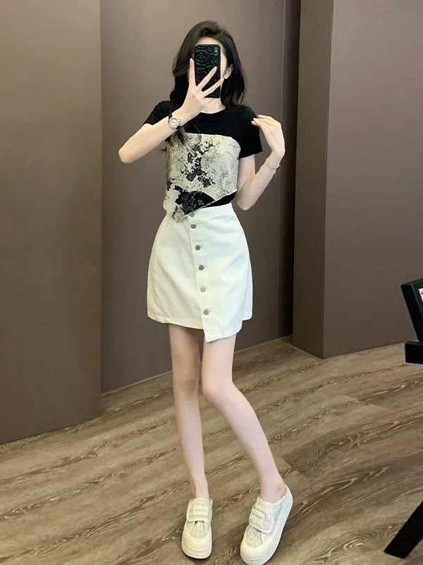 

Elegant White Denim Short Skirt Two-Piece Set Women's Summer Fashion Design Short Sleeve Top And Short Denim Skirt Ensemble