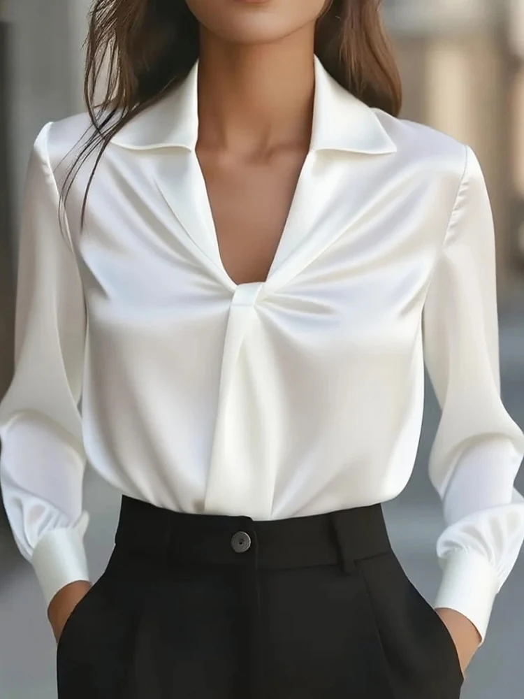 Nowe eleganckie i proste bluzki na wiosnę i jesień, damskie koszule z kołnierzykiem, codzienne i szykowne topy, koszule damskie z długim rękawem, z zakładkami i patchworkiem, kolekcja 2025.