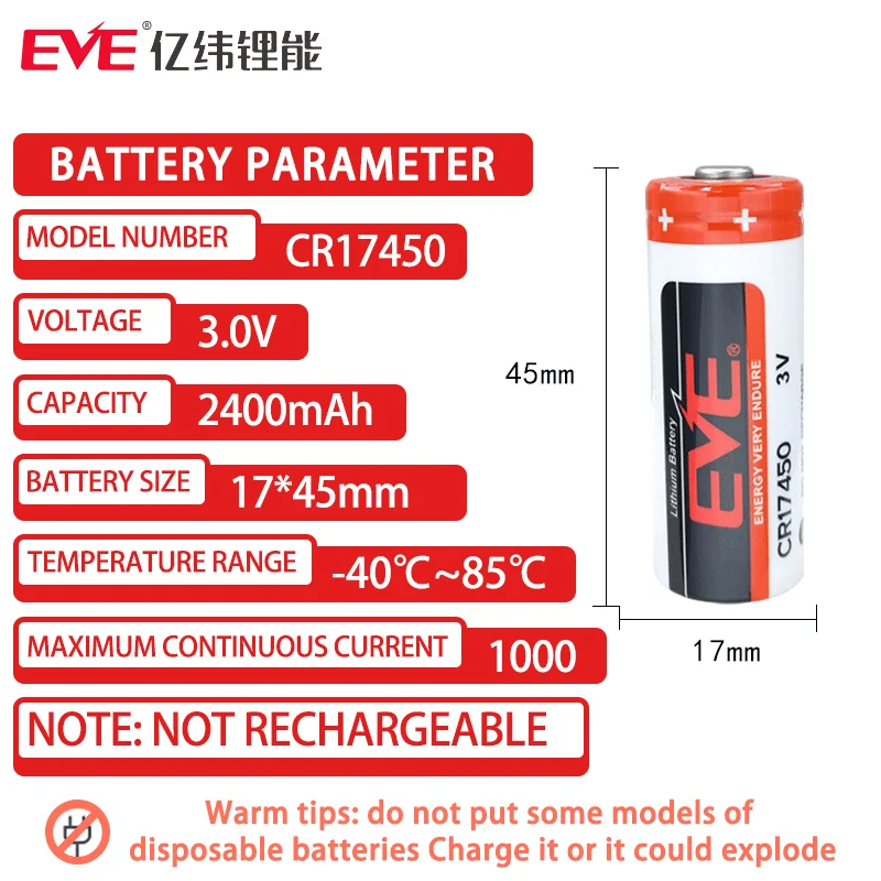 Original EVE CR17450 3V 2400mah Li-MnO2 Lithium Batteries For Intelligent Water Meter Smoke And Fire Detection Alarm GPS Locator