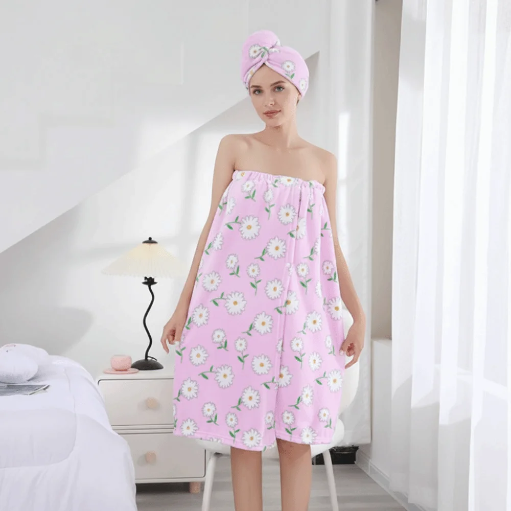 2 Pcs set Daisy Pastoral Style Women Bath Skirt Set Absorbent Soft Bath Towel Quick-Dry Hair Wrap Bath Skirt