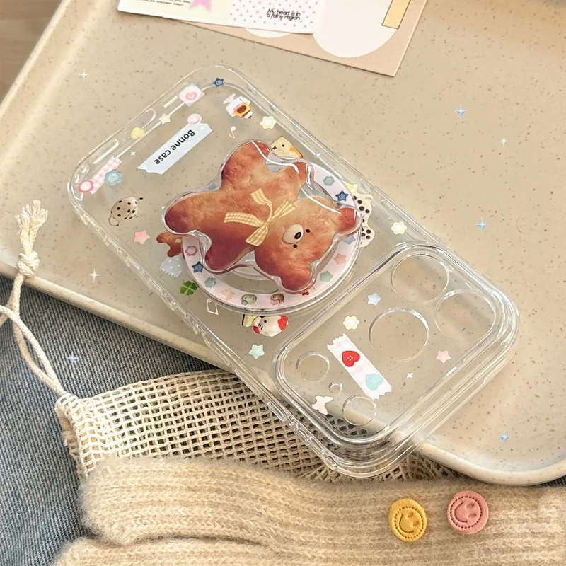 Cartoon Bear Pattern Double Layer Magnetic Phone Case PC+TPU with Kickstand Shockproof Anti-drop Cover for iPhone 17 Pro Max