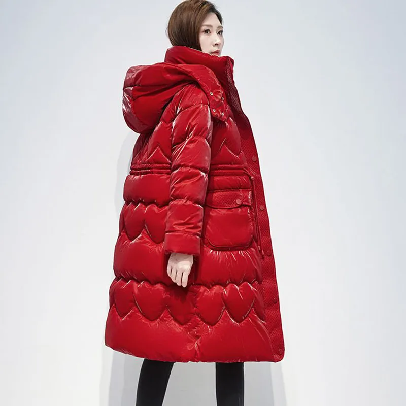 Manteau en duvet de coton à surface brillante pour femme, pardessus à capuche amovible pour femme, veste rembourrée chaude, poignées de haute