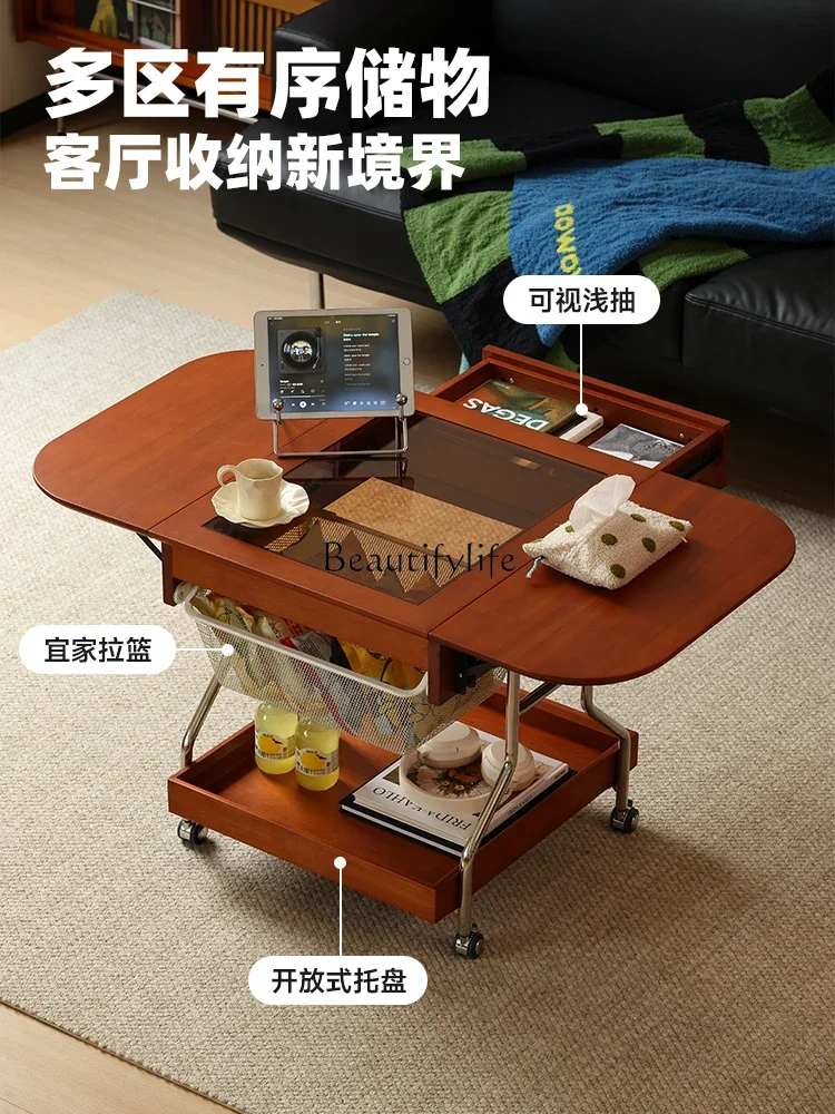 

yj9Nordic solid wood folding coffee table small apartment sofa side table movable cart