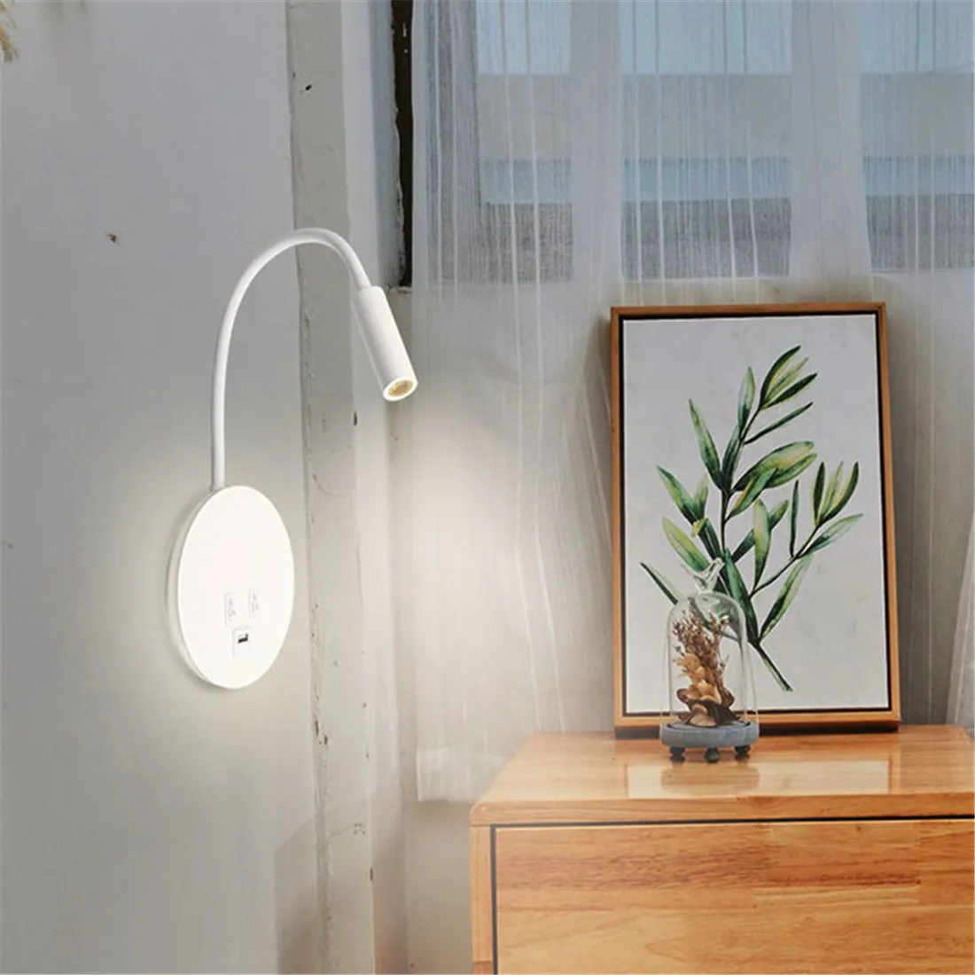 Plug in Cord Gooseneck Wall Sconces with USB Port Switch Backlight Night Wall Lamp Book Reading Lamp Cree LED Background Light