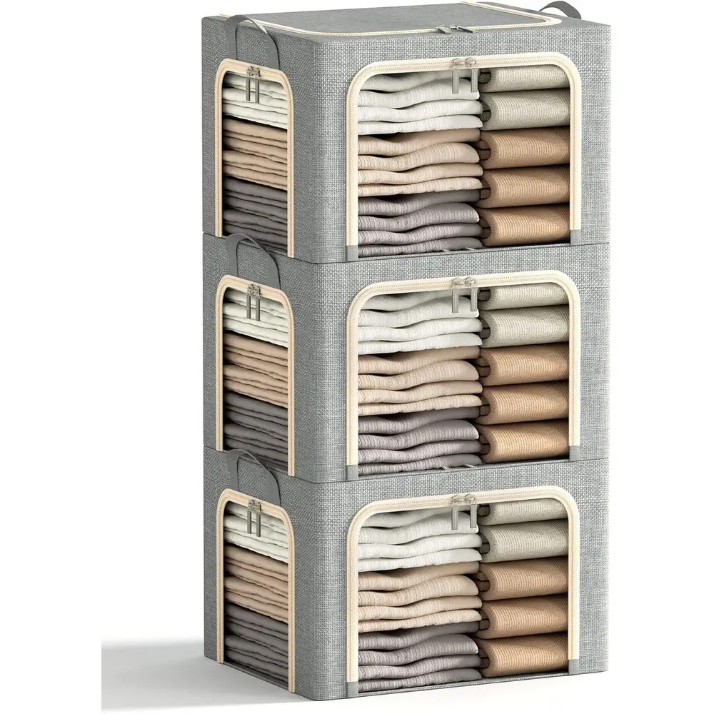 

3 Openings Clothes Storage Bins with Metal e, oldable Storage Bin or Clothes, Clothing Storage Bins with Lid, Linen Storage Box