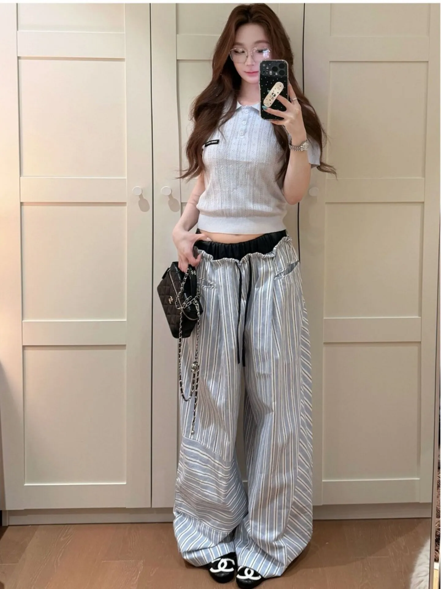 

Blue Striped Loose Women's Casual Pants Summer Design Slimming Wide Leg Sports Leisure Trousers High Waist Elastic Polyester