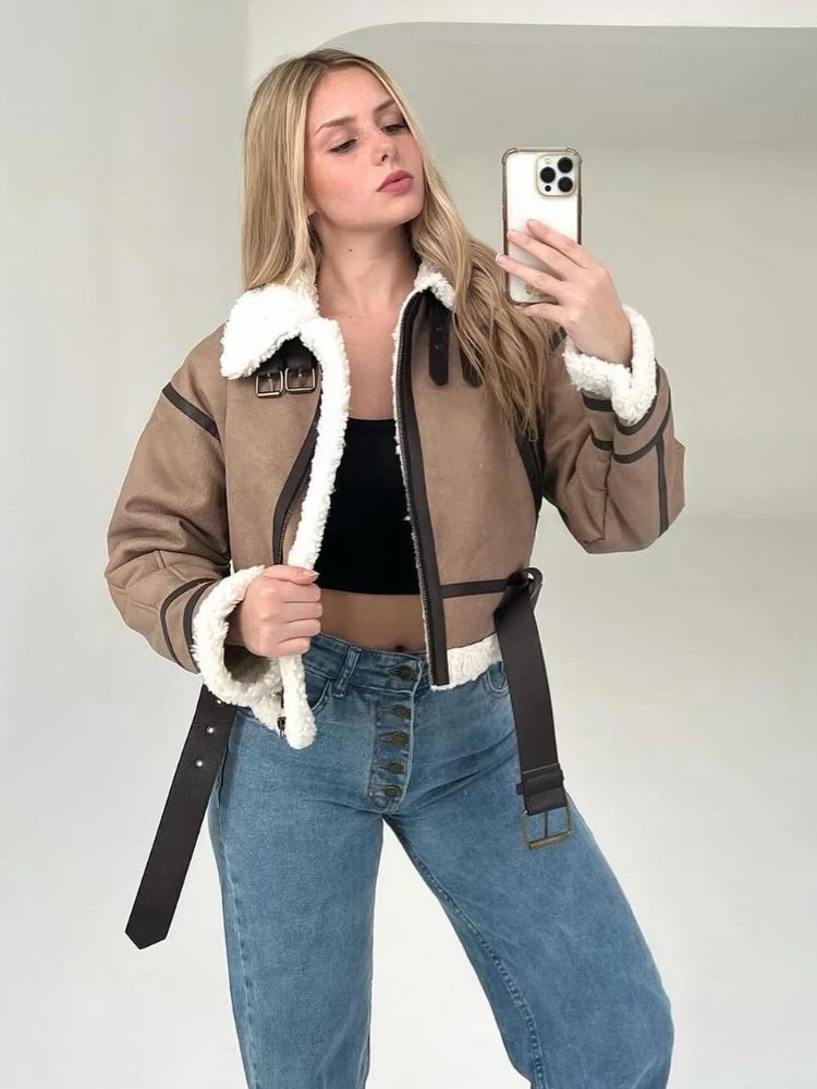 ZBZA Women Warm Faux Shearling Jacket Coat Long Sleeve Flip Lapel Zip Hem Belted Short Thick Jacket Winter New Female Outerwear