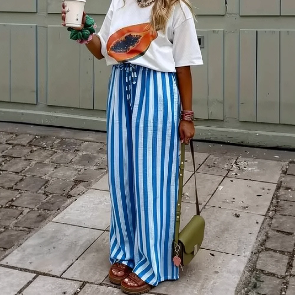 Womens Casual High Waisted Straight Pants Summer Loose Fit Trousers Contrast Color Stripe Print Stylish Fashion Apparel