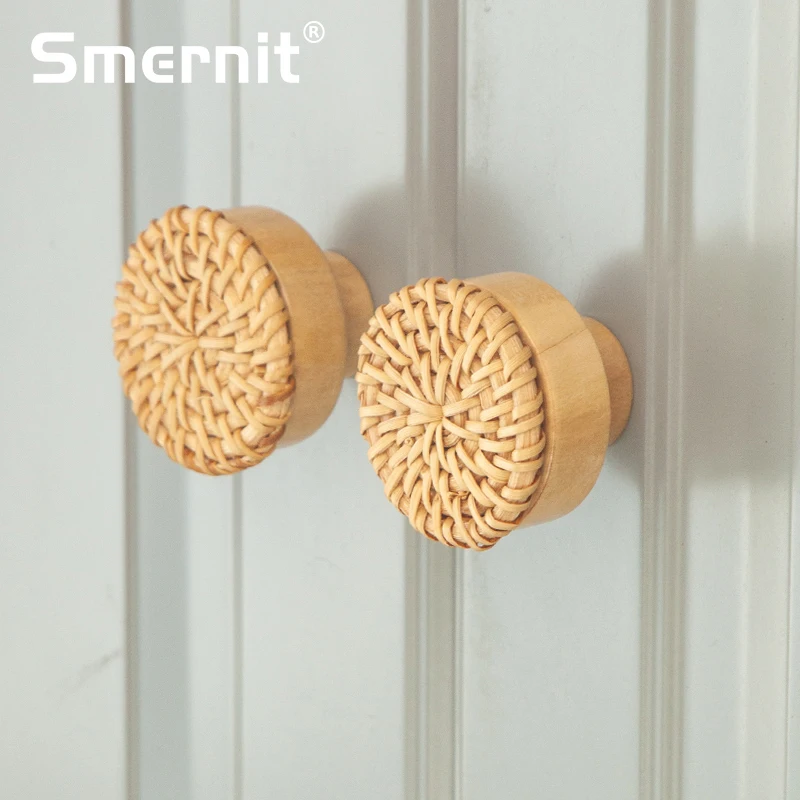 Wooden Handles Dresser Knobs Round Rattan Furniture Handles Handmade Kitchen Cupboard Drawer Knobs