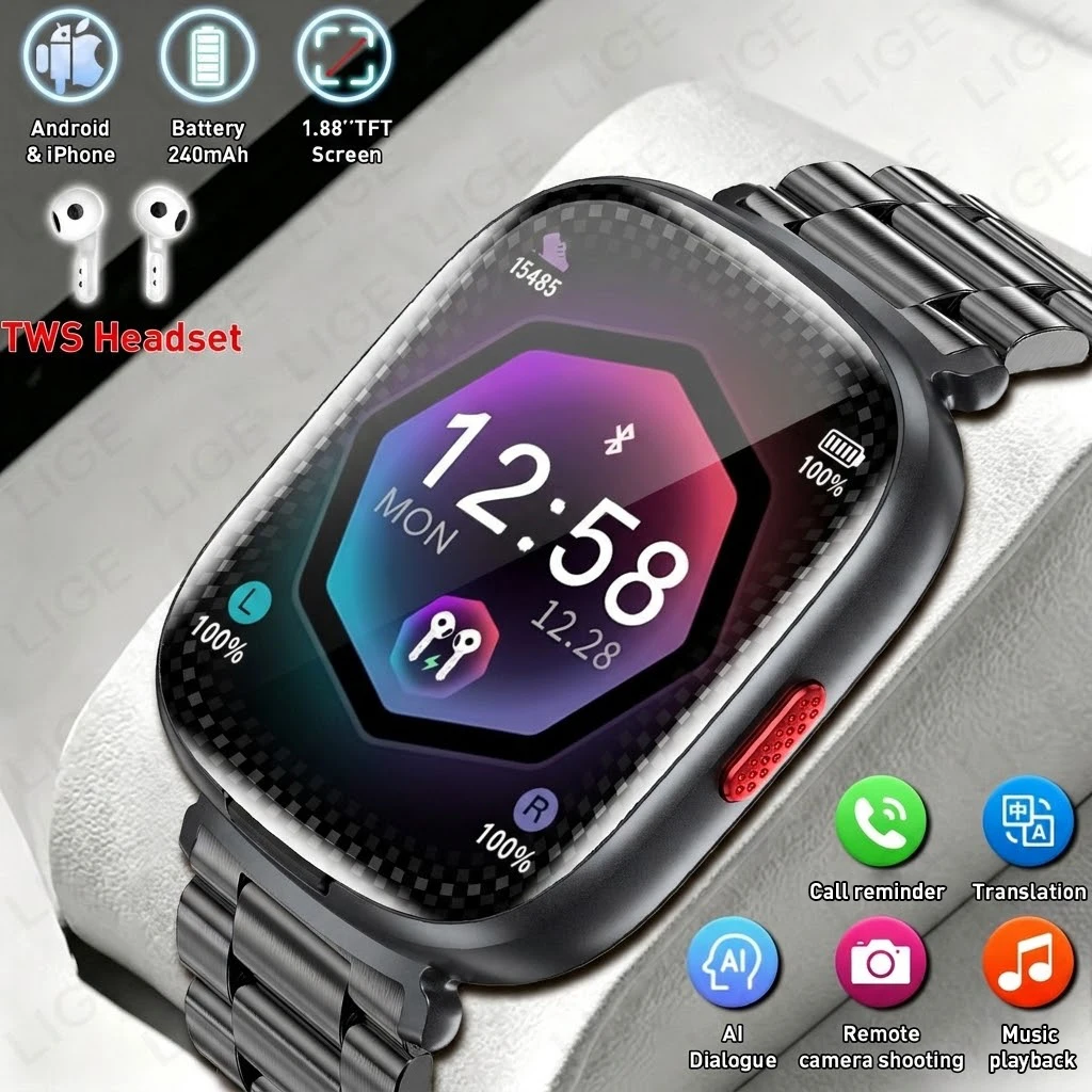LIGE 2026 New TWS 2-In-1 Headset Smart Watch 1.88" Bluetooth Call Men Earphone Smartwatch AI Real-time Translation Music Watch