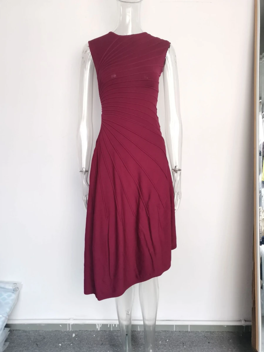 CHICEVER-vestido liso con pliegues empalmados para mujer, cuello redondo, sin mangas, adelgazante, elegante, intelectual, estilo de moda de verano