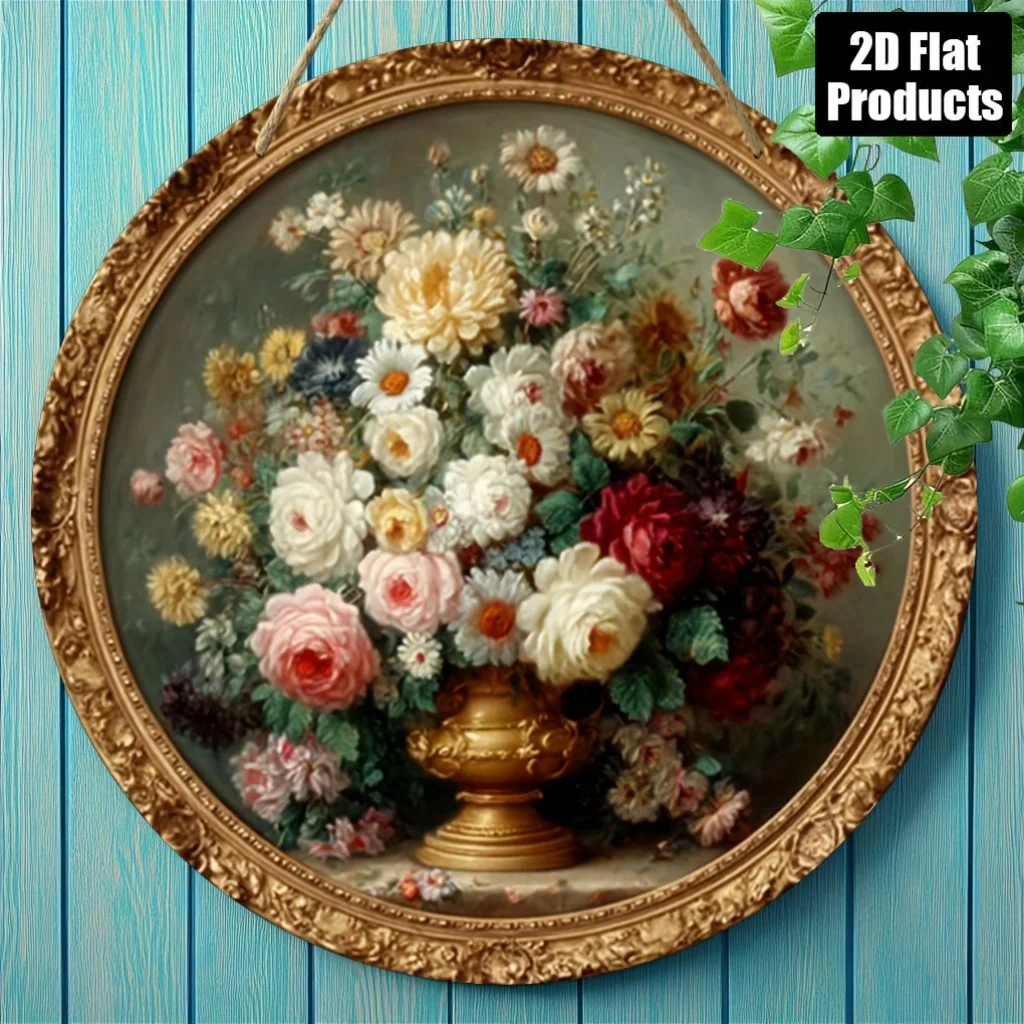 2D Flat, 1pc Vintage Floral Wall Art - 8x8 Inch Round Wooden Sign with Golden Frame, Elegant Floral Design for Home, Office, Caf